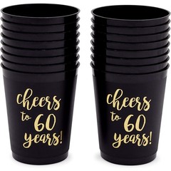 Sparkle and Bash Plastic Party Cups for 60th 16 Count (Pack of 1), Black