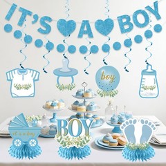 Baby Shower Decorations for Boy – 9PCS Light Blue Glitter It’s a Boy Gender R…