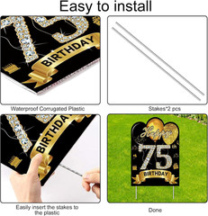 2Pcs Black Gold 75Th Birthday Yard Sign Decoration for Men Women,Happy 75Th Birt
