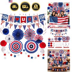 4th of July Decorations 37PCS Patriotic Decorations Red White Blue Paper Fans…