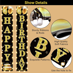 Birthday Lighted Banner Decorations for Men Women – Black Gold Happy
