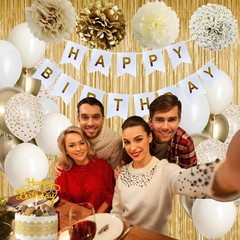 Gold & White Birthday Decorations Kit Balloons Banner Tablecloth Confetti