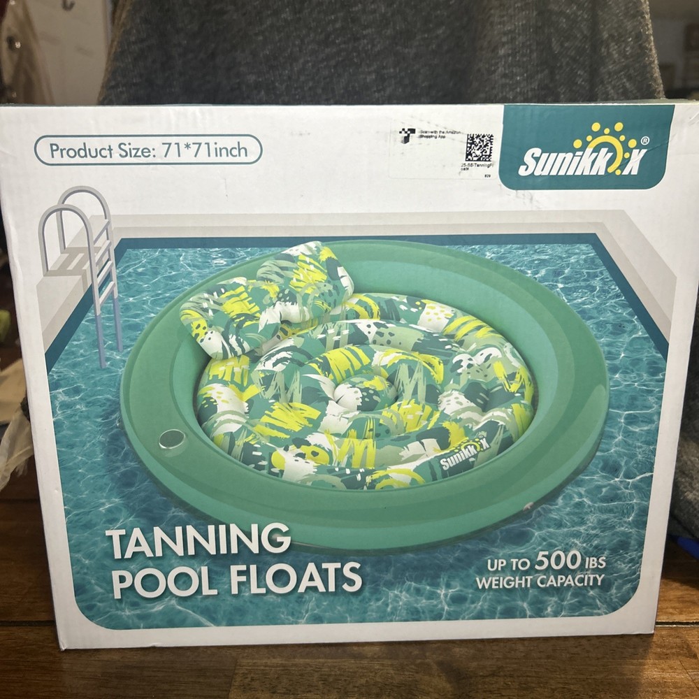 Inflatable Tanning Pool Float 71″ x 71″ with Pillow & Drink Holder