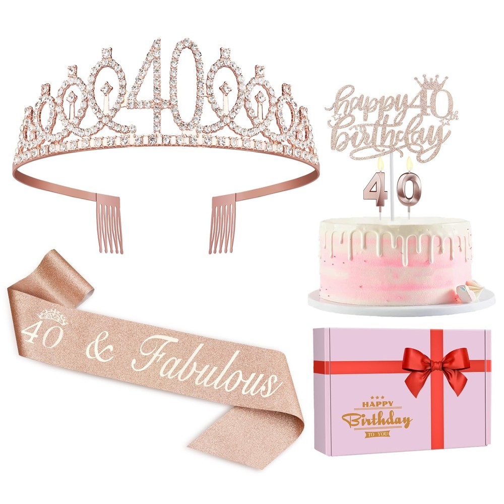 40th Birthday Decorations for Women, Including Crown/Tiara, Sash, Rose Gold