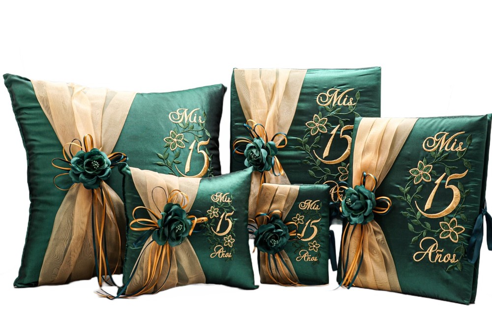 5PC Emerald Green Quinceanera Mis 15 Set Kneeling Pillow Guest Book Album Bible