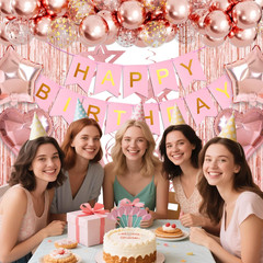 Rose Gold Birthday Party Decorations, Happy Birthday Banner, Rose Gold Fringe Cu
