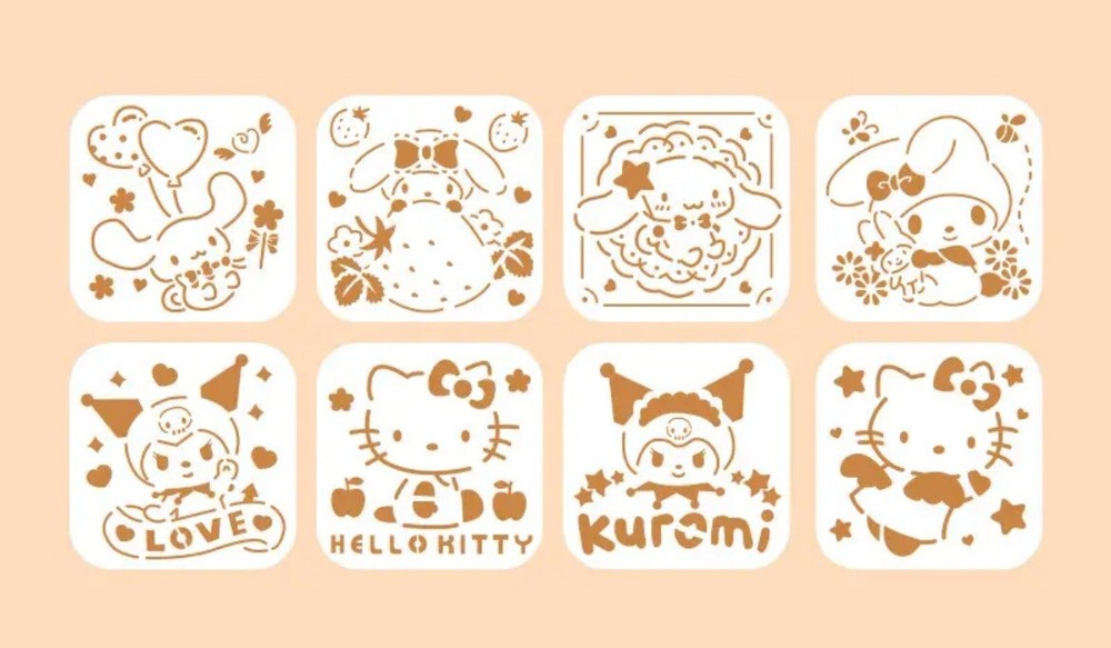 8pcs Reusable Stencils Sanrio Family Hello Kitty Kuromi Melody Cinnamoroll