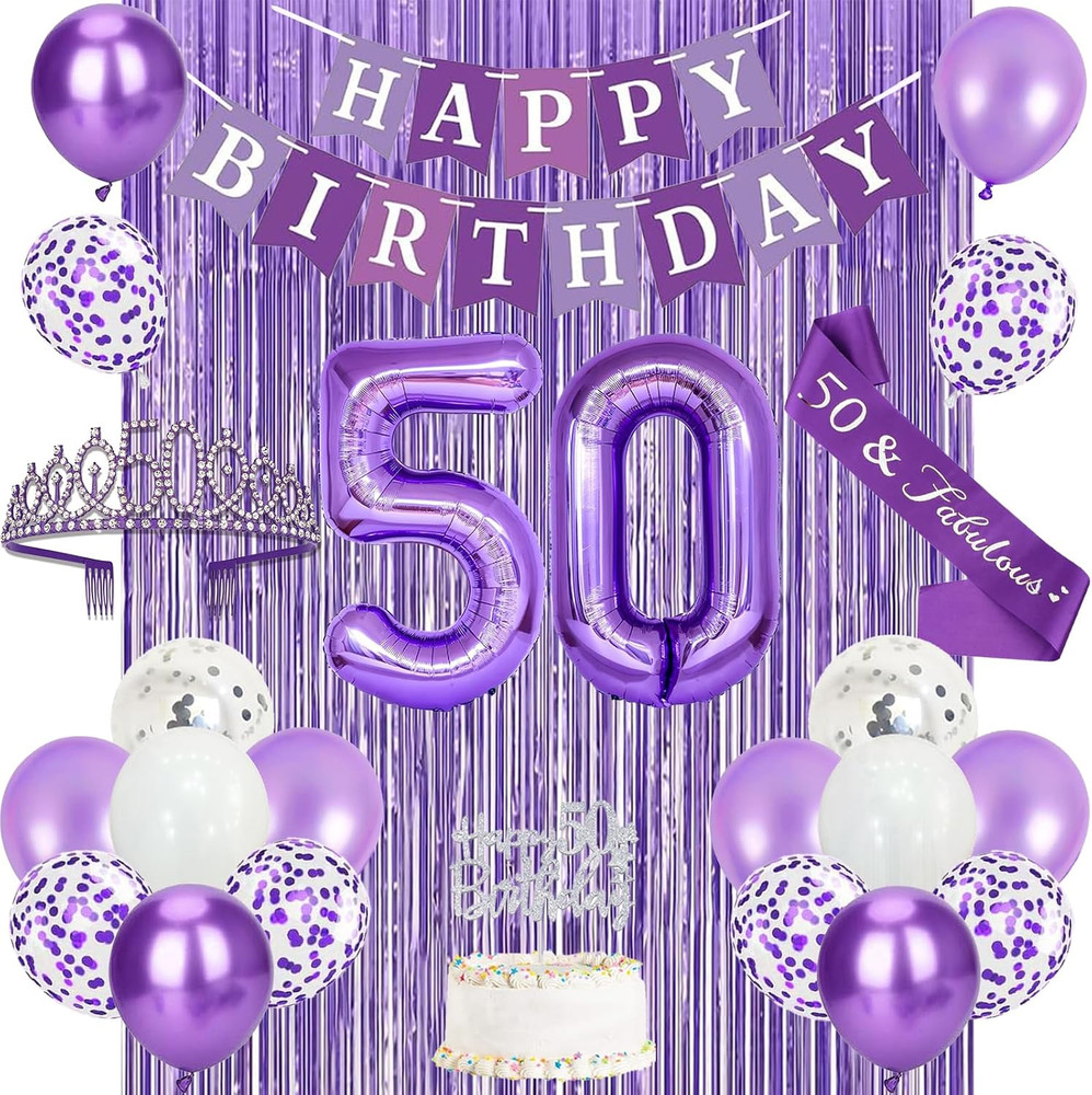 Purple Silver 50Th Birthday Decorations for Women | Banner, Sash and Crown, Cake