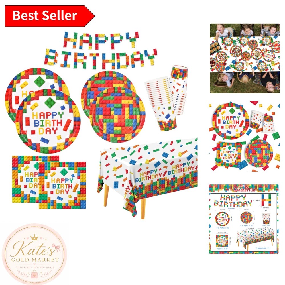 Vibrant Building Block Party Supplies – Plates, Napkins & Tablecloth for 25