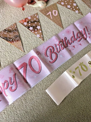 70th Birthday Party Pack, Balloons, banner, Happy 70th Birthday bunting, Sash