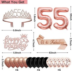 Black Rose Gold 55th Birthday Party Decorations 32PCS Cake Topper Balloons Sash