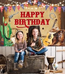 Western Cowboy Birthday Backdrop Wild West Rustic Wooden House Rodeo Boot 8x6FT