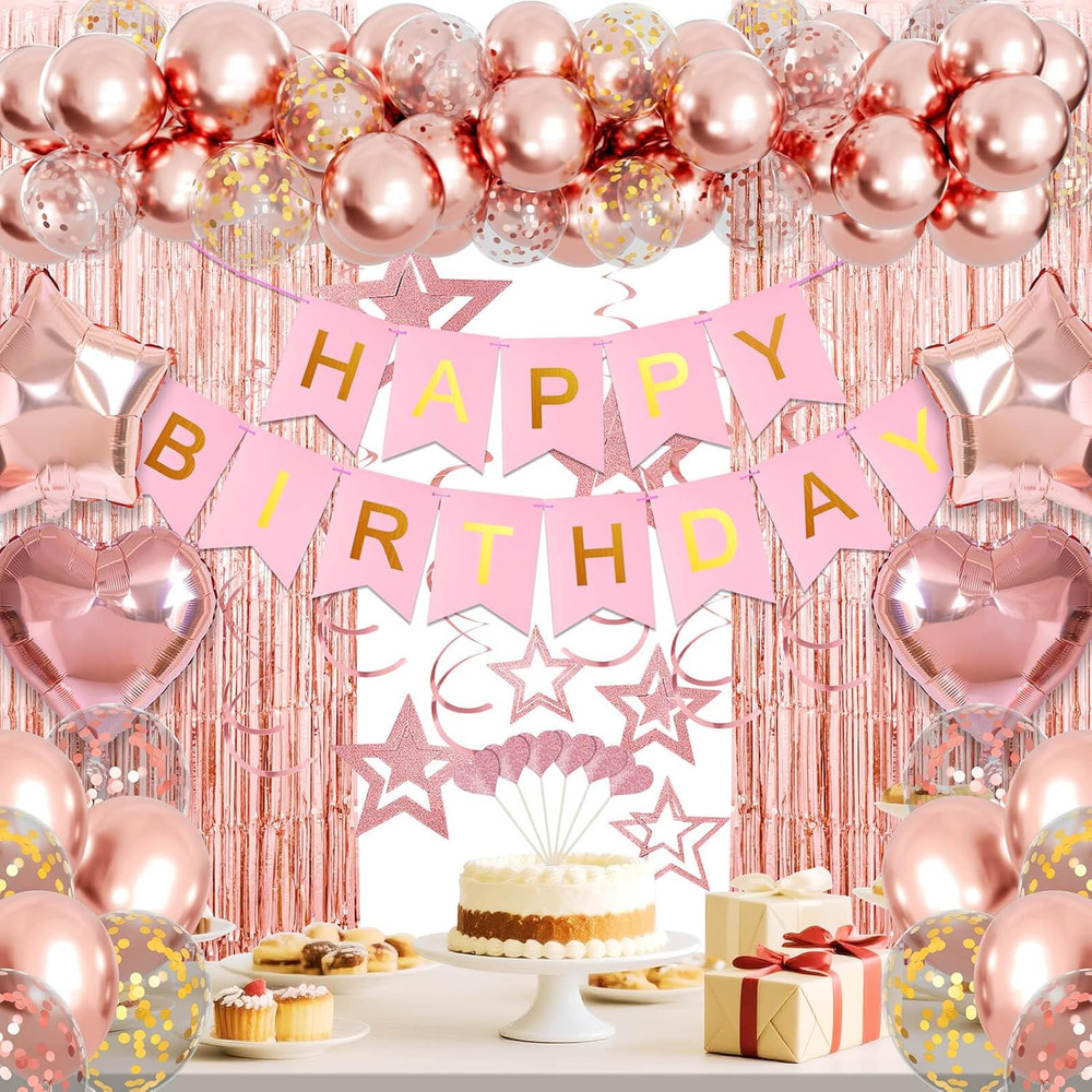 Rose Gold Birthday Party Decorations, Happy Birthday Banner, Rose Gold Fringe Cu