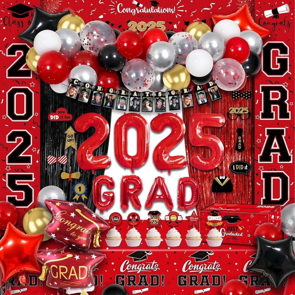 Party Spot！125 PCS Red and Black Graduation Party Decorations 2025 Graduation…