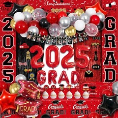 Party Spot！125 PCS Red and Black Graduation Party Decorations 2025 Graduation…
