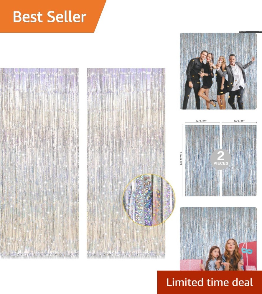 2 Pack 3.2ft x 8.2ft Silver Tinsel Foil Fringe Curtains for Elegant Party Decor