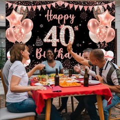 40th Birthday Decoration Backdrop Banner – Black Rose Gold Happy 40