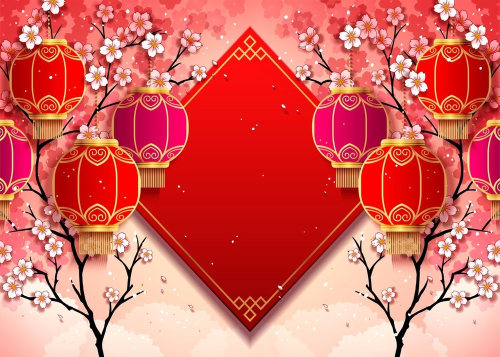 8x6ft Chinese New Year Backdrop – Red Lanterns & Cherry Blossoms for Lunar New Y