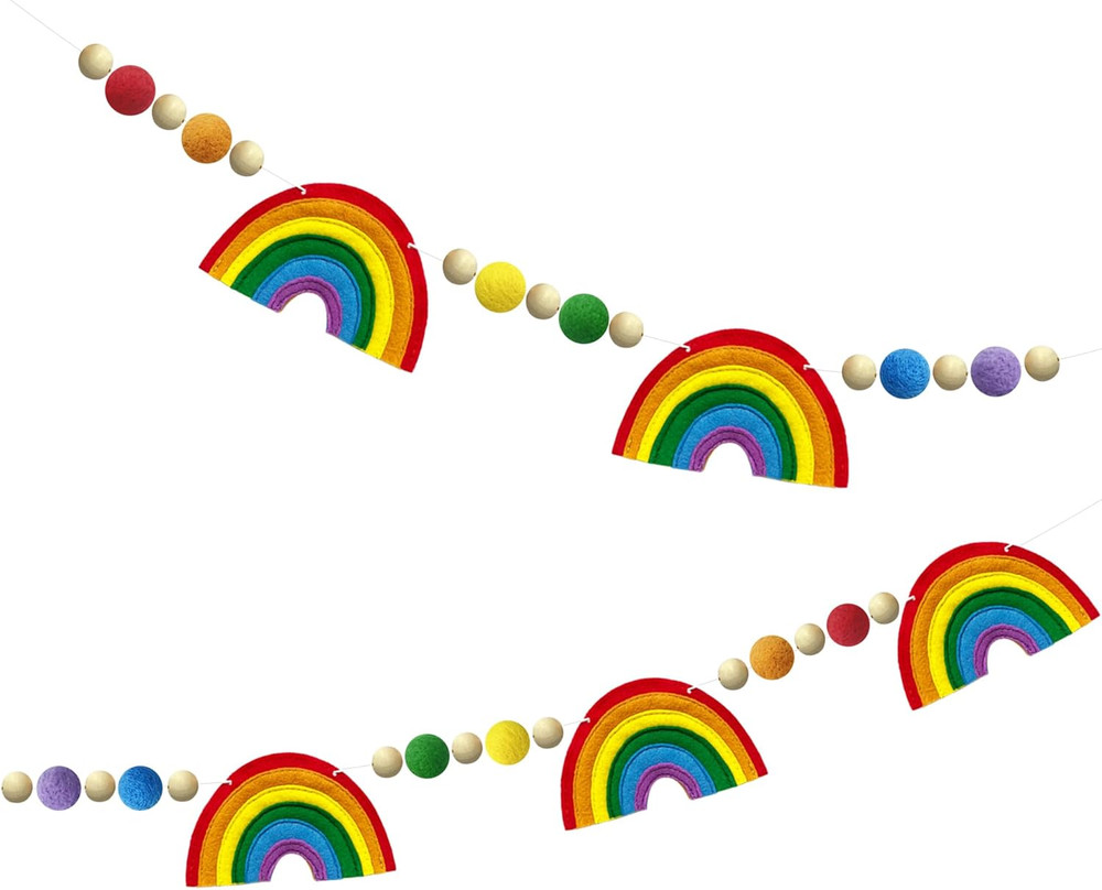 Colorful Pre-Strung Rainbow Banner Felt Wool Ball Wood Beads Garland Multicolor