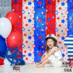 Party Backdrop Kit 3x Star Foil Fringe Curtains Red Blue White Patriotic Decor