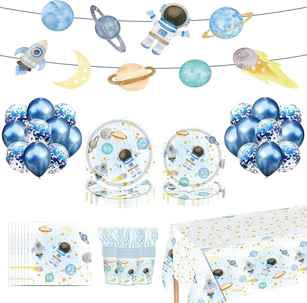 Space Themed Decoration and Tableware Set Includes Banner, Tablecover, Utensils