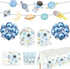 Space Themed Decoration and Tableware Set Includes Banner, Tablecover, Utensils