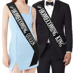 Homecoming King Queen Sashes Black Silver Print Party Prom Accessories 2 PCS