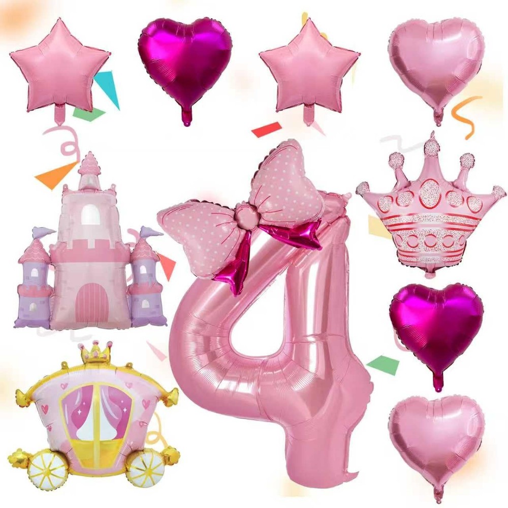 10 Pcs Princess Balloons for Party, 40 Inch Large Pink Number 4 and Crown Foi…