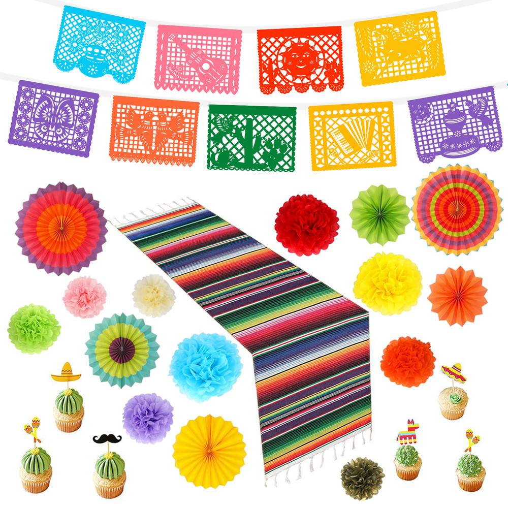 Mexican Themed Party Decorations Cinco de Mayo Set Banner Table Runner Paper Fan