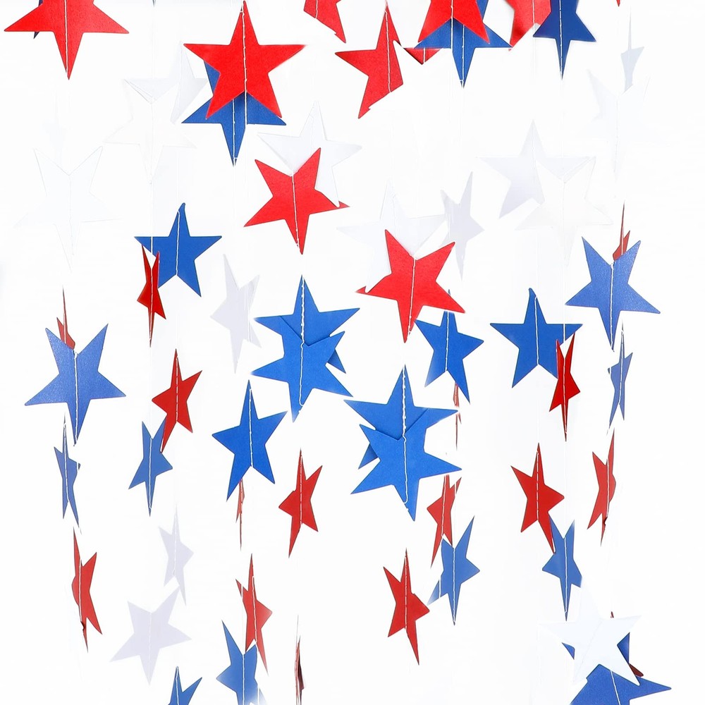 8 Pack Patriotic Star Streamers Banner Garland Red White Blue Paper Star Hanging
