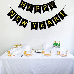 Happy New Year Banner Black Bunting with Gold Alphabet for New Year Party Suppli