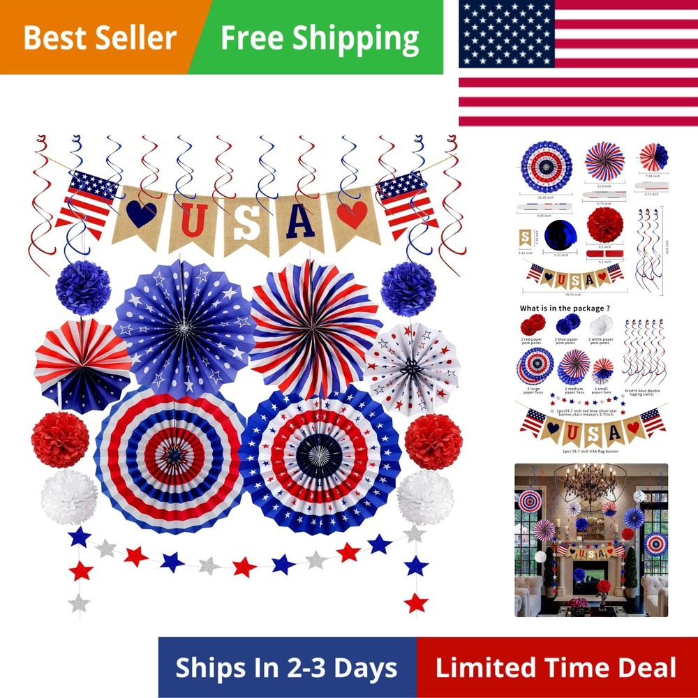 26Pcs Patriotic Decorations LOVE Banner Red White Blue Paper Fans Star Strea…