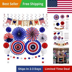 26Pcs Patriotic Decorations LOVE Banner Red White Blue Paper Fans Star Strea…