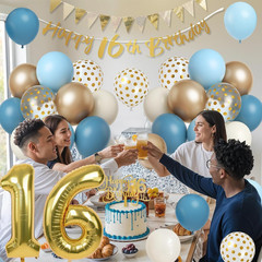 Sweet 16Th Birthday Decorations for Boys Girls, Dusty Blue Cream White Gold 16