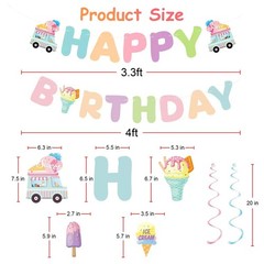 Birthday Decorations, Happy Birthday Banner Sign with Ice Cream Hanging Swirl…