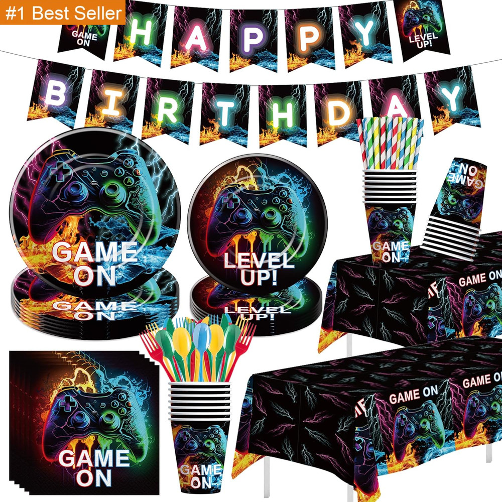Video Game Birthday Decorations, Game on Birthday Party Supplies, Paper Plate, N