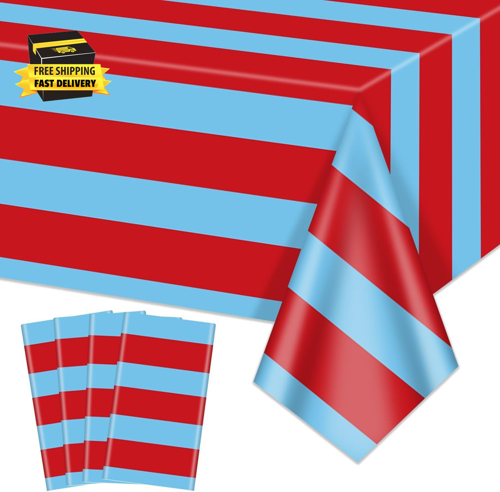 4 Pcs Red and Blue Striped Tablecloths, Carnival Circus Party Decorations, Plast