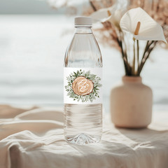 Wedding Monogram Water Bottle Stickers, Wood Slice Pine Forest Wedding Label