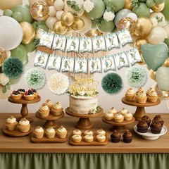 Birthday Decorations Set Party Decoration with Balloons, Banner, Pom Sage Green