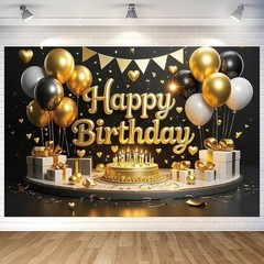 Luxurious Black Gold Happy Birthday Backdrop 70.8 x 47.2 Inch,
