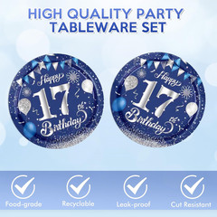 40Pcs 17Th Birthday Decorations for Boys Girls Elegant Blue Silver 17 Years Old