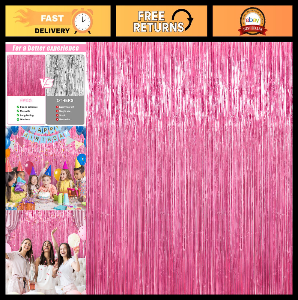 7 Pack Pink Foil Fringe Curtains 3.3×9.9ft Tinsel Backdrop Party Decor, Birthday