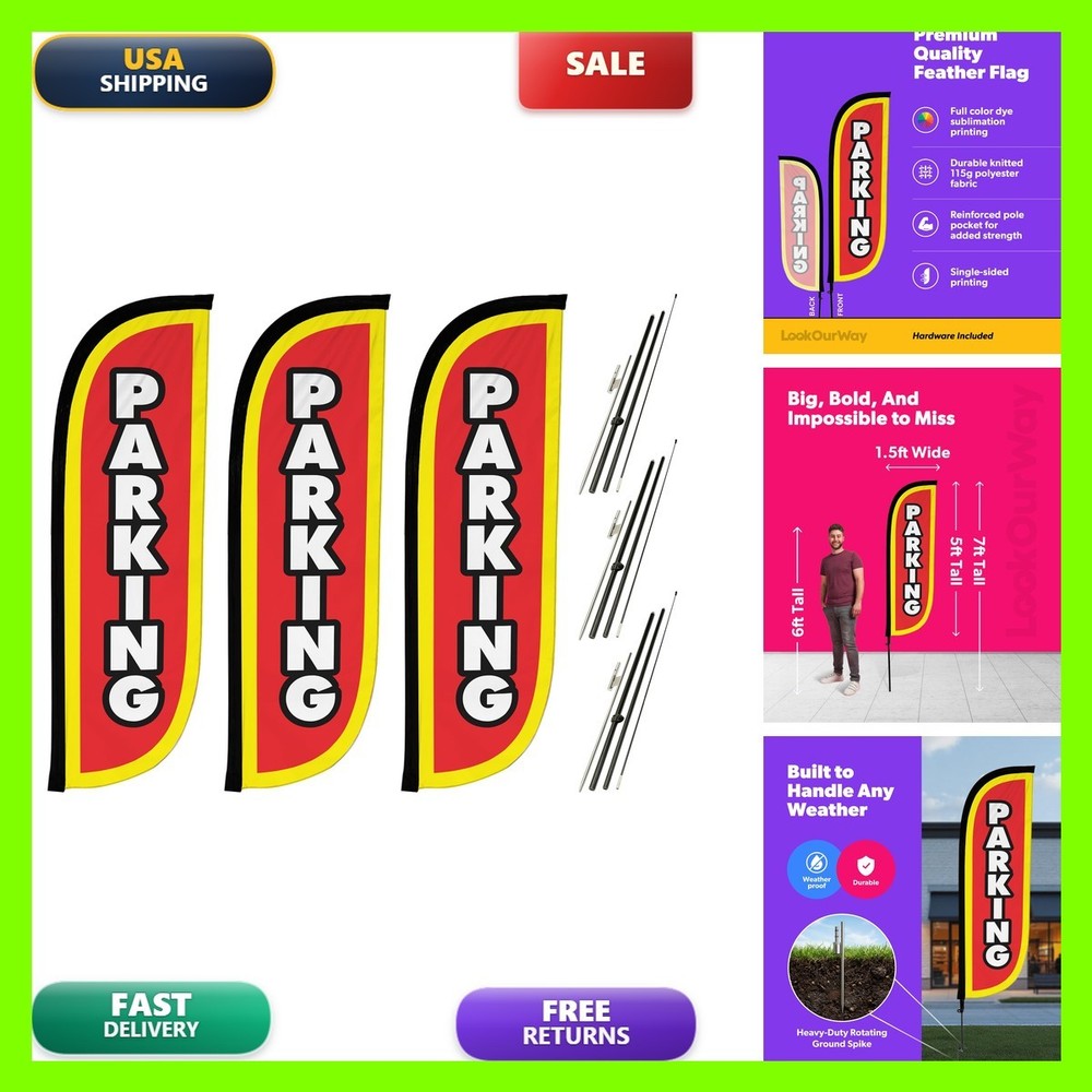 Lookourway Feather Flag Pole Kit 3-Pack Bundle – 7Ft Tall Advertising Banners