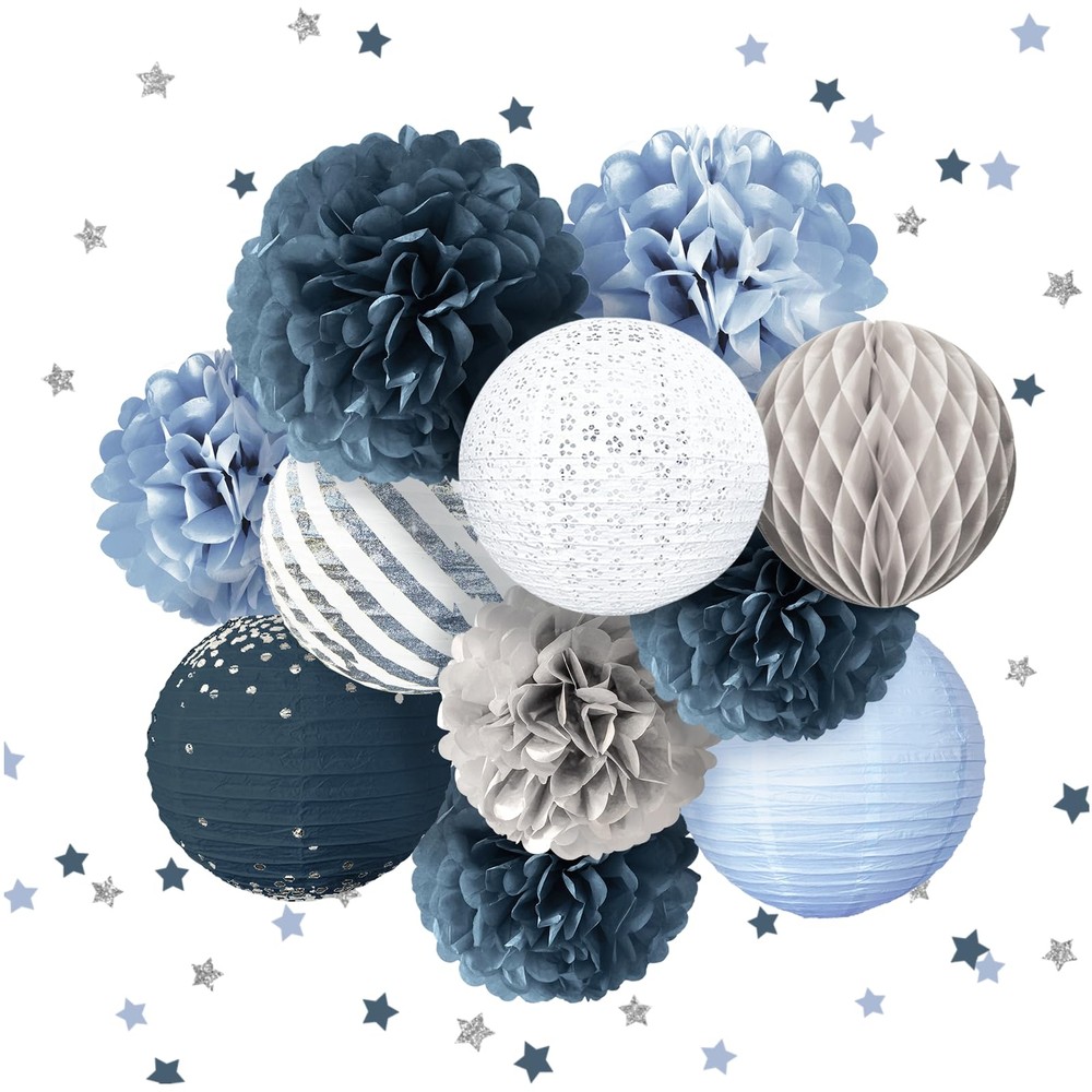 Wedding Party Decorations – 12PCS Dusty Blue Tissue Pom Poms Paper Lantern 50…