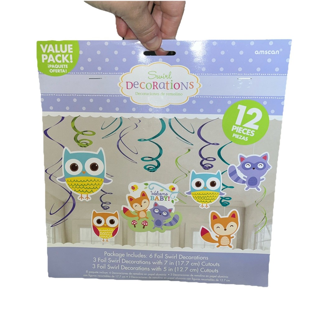 BABY SHOWER Woodland Welcome HANGING SWIRL DECORATIONS (12) ~ Party Supplies