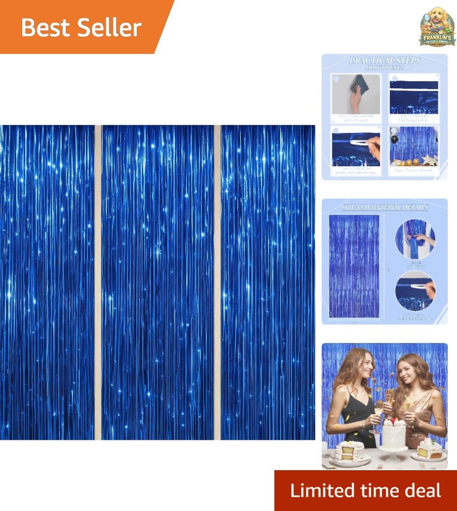 Reusable Royal Blue Foil Tinsel Backdrop – 3.3×8.2 FT for Parties & Celebrations