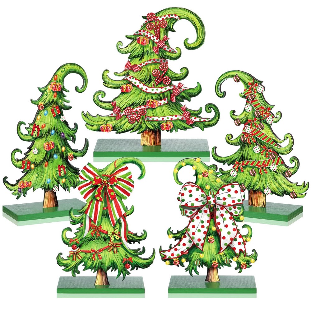 Whimsical Christmas Wooden Lime Green Tree Table Centerpieces Sign 5 PCS
