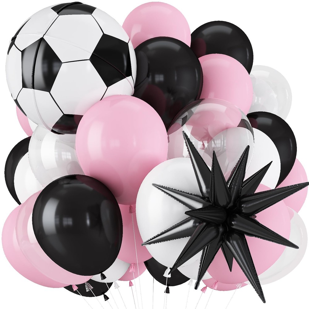 Light Pink and White Soccer Balloons, 12 Inch Pastel Pink and Black Clear Soc…