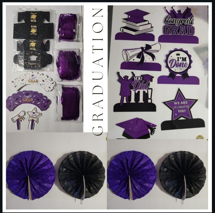 Graduation decorations 2024 Purple and Black treat boxes cupcake wraps and picks