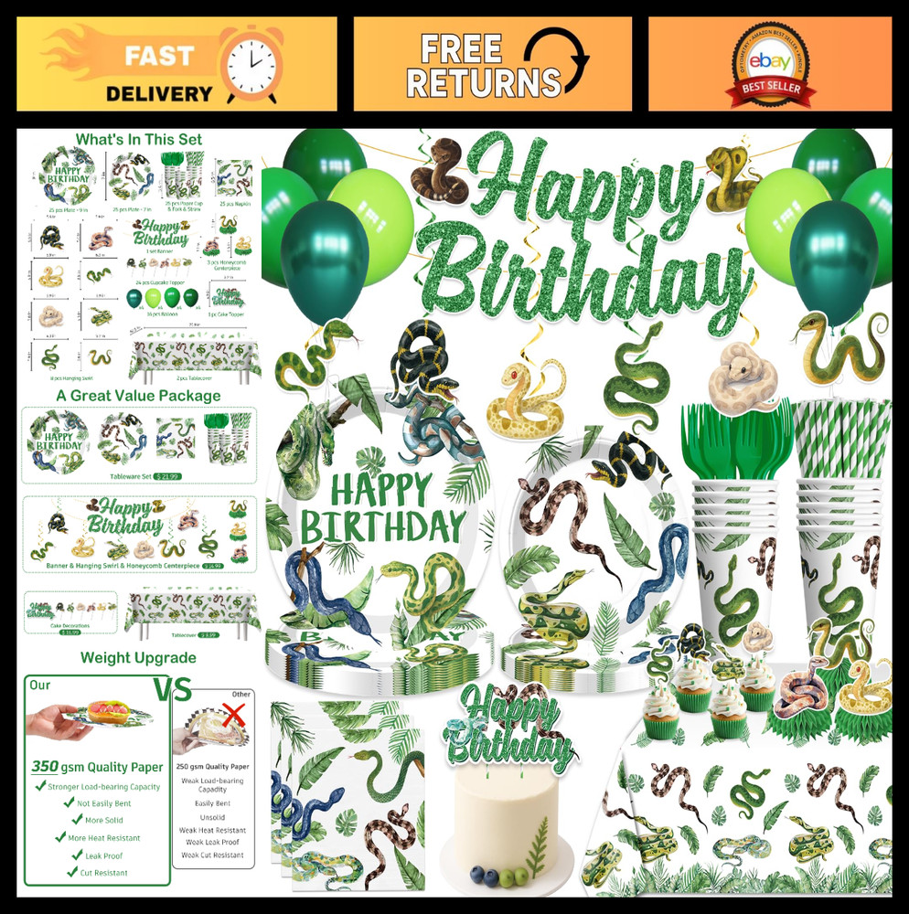 Reptile Snake Birthday Party Supplies – Jungle Theme Decorations, Banner, Cake T